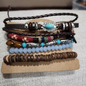 Nwt Womens Multicolor Turquoise Leather & Beads Bracelet Set